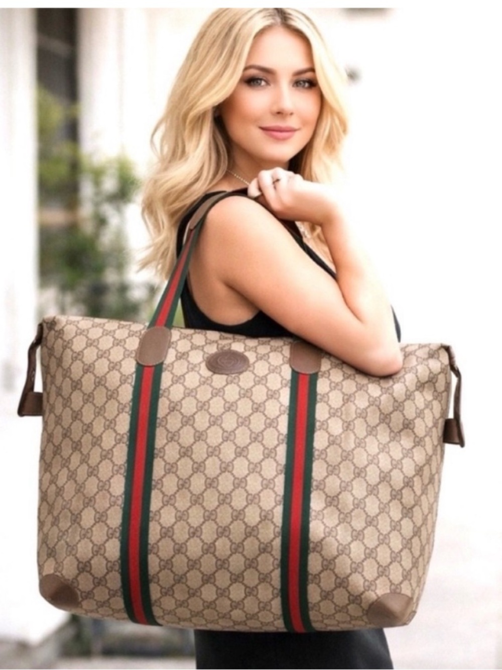 Authentic Gucci brown monogram coated canvas XL tote bag weekender bag large
